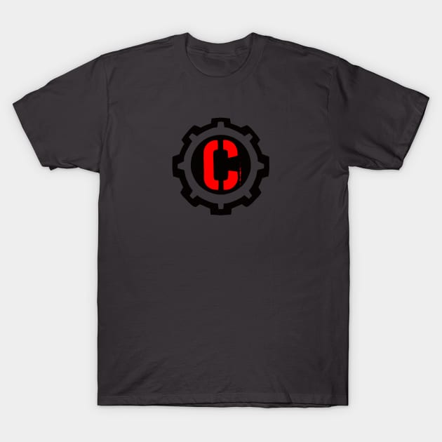 The Red Letter C in a Black Industrial Cog T-Shirt by MistarCo